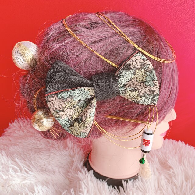 畳縁リボン☆お祭り髪飾り☆成人式髪飾り☆結婚式髪飾り路袴ヘア☆卒業式髪飾り☆リボン☆ヘッドドレス☆御神輿☆だんじり☆よさこいのコ