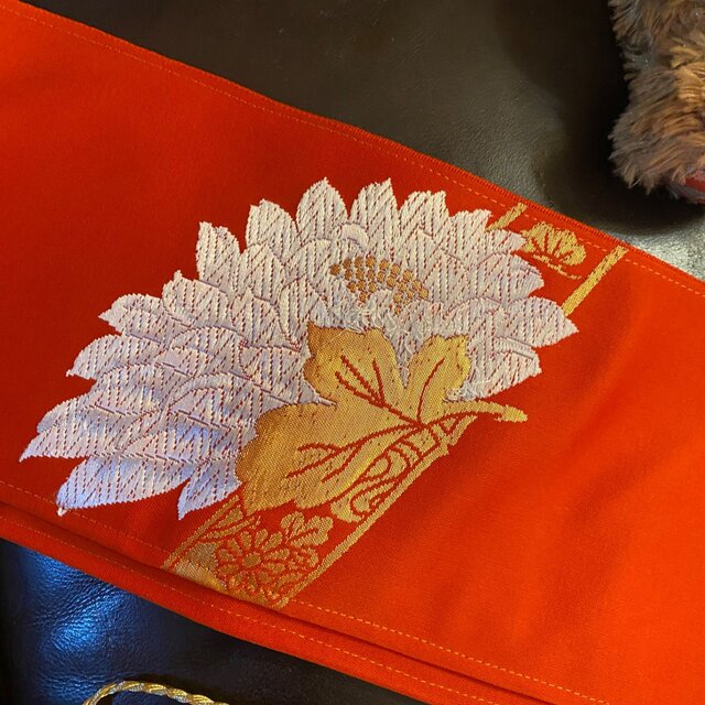 ★お客様決定★アンティークのリバーシブル帯▪赤紫地にカトレア＊ベージュ地朱色の菊 アンティークのリバーシブル帯▫赤紫地にカトレア＊ベージュ地