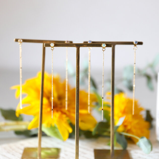 ★リニューアル★3x3カボション一粒天然石とチェーンのピアス #1229