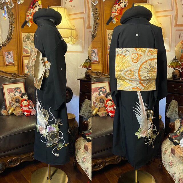437着物リメイクロングワンピース　黒留袖 Kanata着物リメイク☆フリル袖黒留袖ドレス☆流れる菊