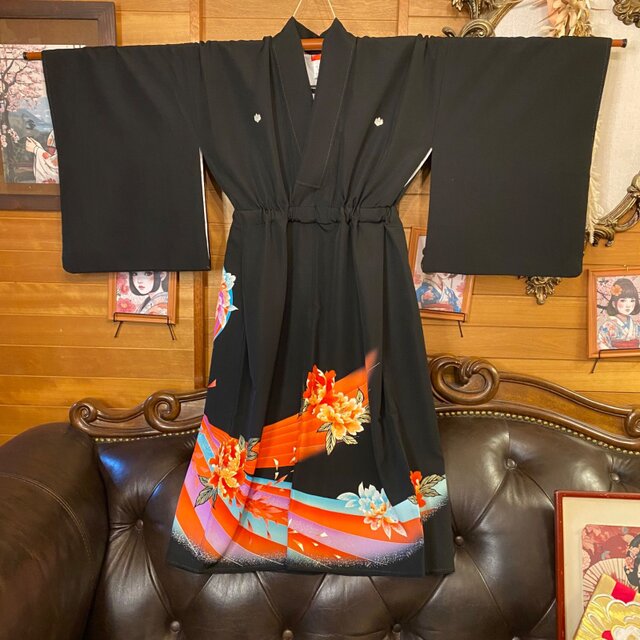 黒留袖 着物 リメイク ワンピース ドレス 二/2部式お太鼓 袋帯