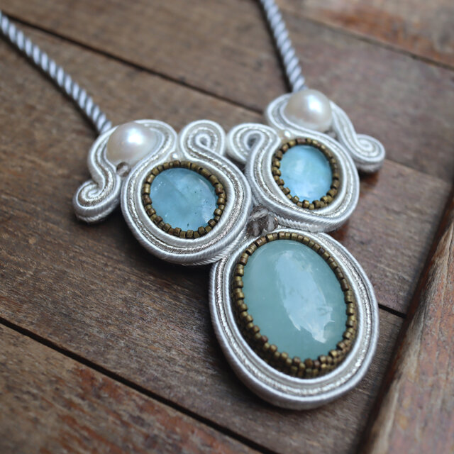 アクアマリン ネックレス　淡水パール　ソウタシエ　 １点物