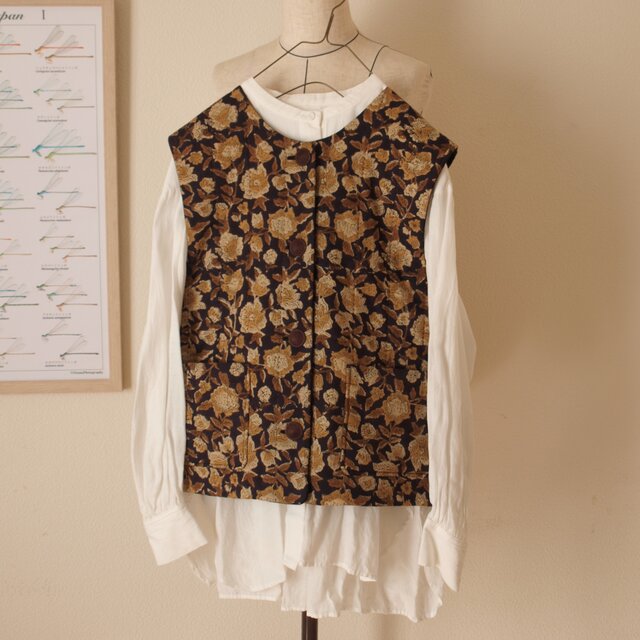 インド綿×リネン リバーシブルキルトベスト *ブラック* size FREE