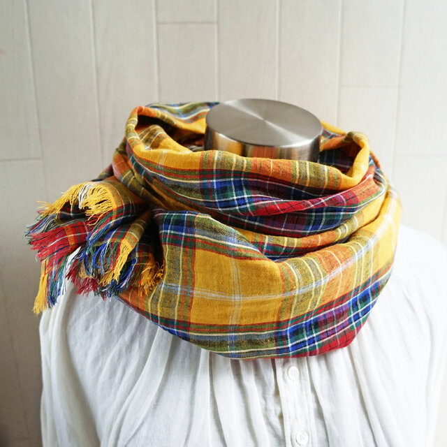 東炊き リネンのストール　タータンチェック　イエロー系