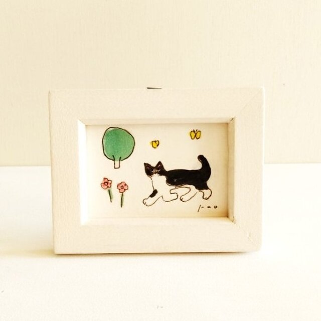 イラスト 原画「散歩日和」※木製額縁入り　ミニ原画　インテリアアート　猫の絵