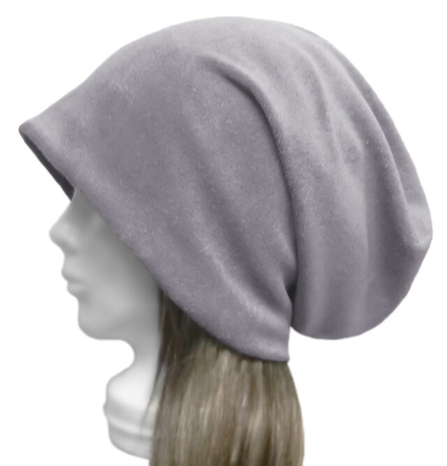 ロングルーズワッチキャップ◆オーガニックコットン混 コットンパイルニット／グレー　◇ゆったりサイズ・小顔効果・オールシーズン◇