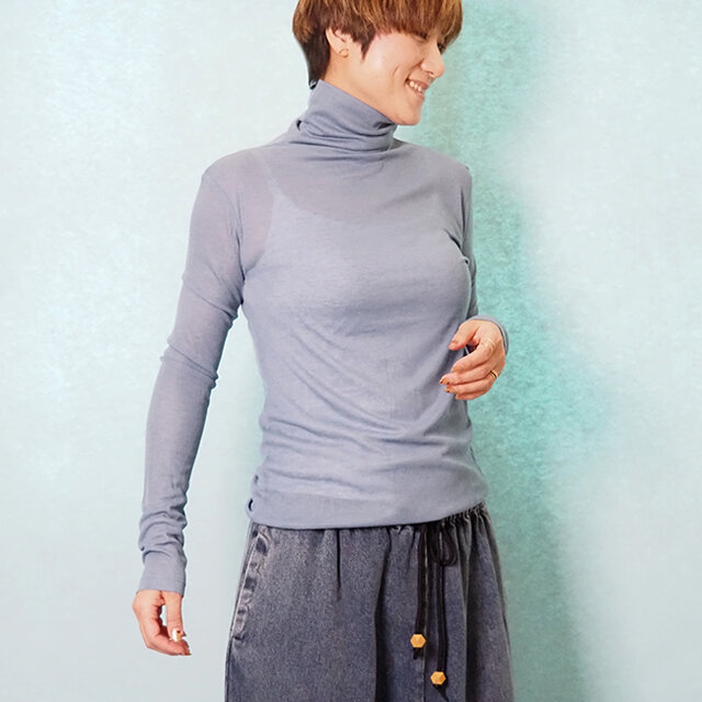 新作2025❤︎程よいシアー感タートルネックロングスリーブカットソーT（ブルー）25004BLF