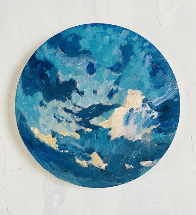 直径25㎝「朝の空 2025-2」油彩・絵画・原画・丸形・アートパネル