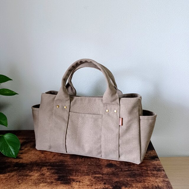 ポケットいっぱい 横長トートバッグ ヴィンテージ加工帆布