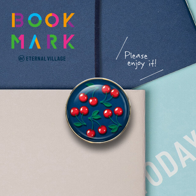 さくらんぼ柄のクリップ型しおり　栞　ブックマーク　ブックマーカー　紺　No.49
