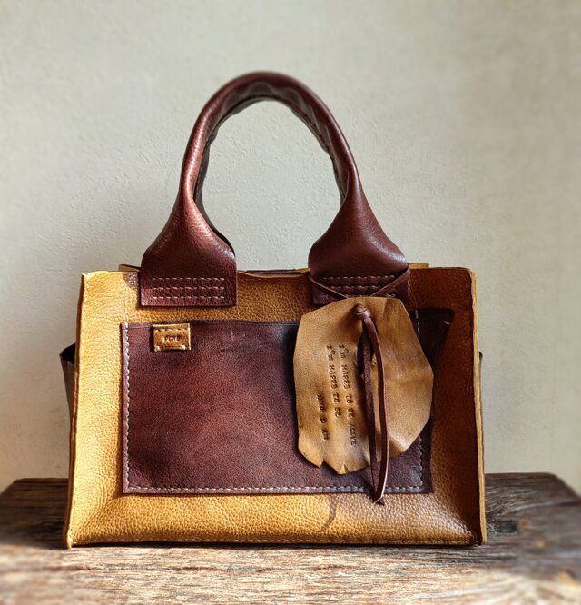 square tote　マスタード✗ダークブラウン　オイルシュリンクレザー