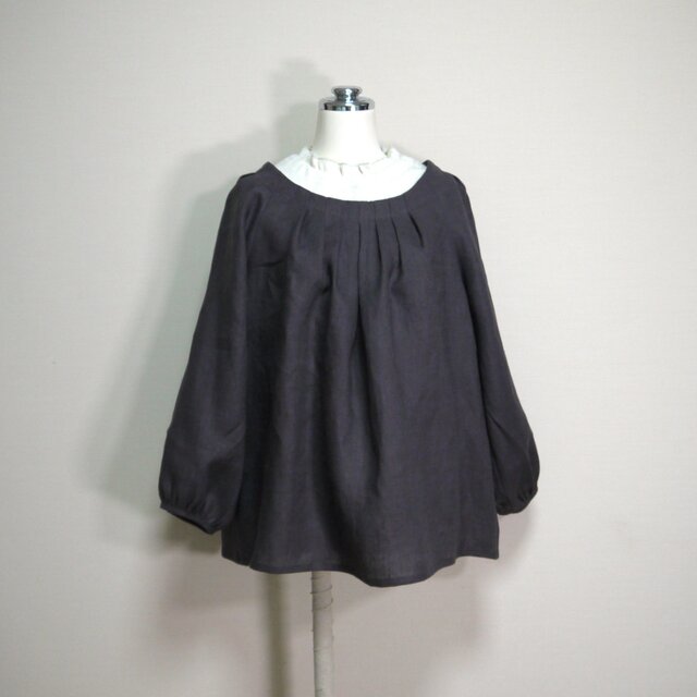カラーリネン◆ラグランタックブラウス　長袖◆チャコール◆M・L・LL（中厚、リネン100％）