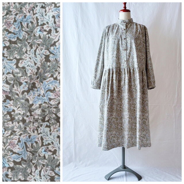 【ちいさいさん】レディのためのチェリーワンピース（長袖）：105cm丈（ウインターダマスク：オリーブ）