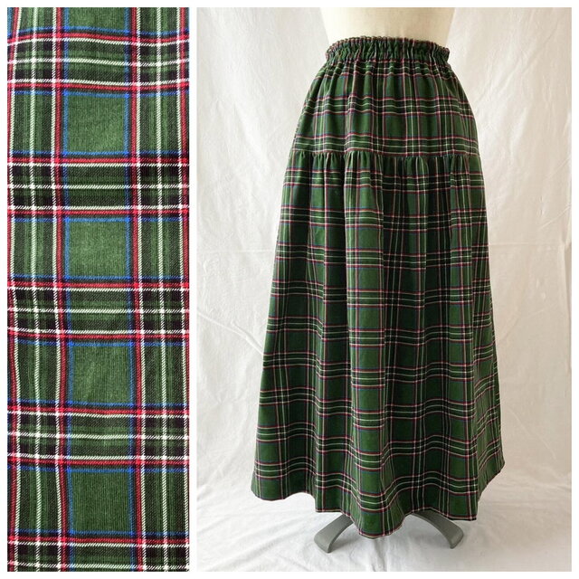 レディのためのティアードスカート：85cm（ロンドンチェック：グリーン）
