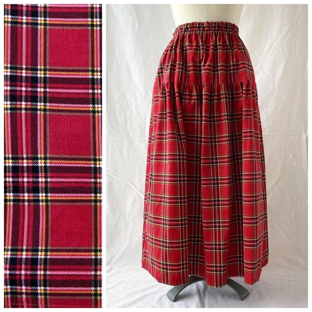 レディのためのティアードスカート：85cm（ロンドンチェック：レッド）