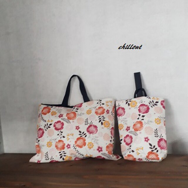 【北欧レトロ】入園バッグ２点セット：花柄：レトロレッド【0443】