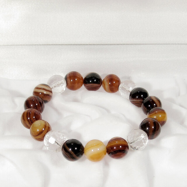 ブラックサードオニキスと本水晶のブレスレット（天然石、天然水晶、チベット産、綺麗な縞模様、多面カット）