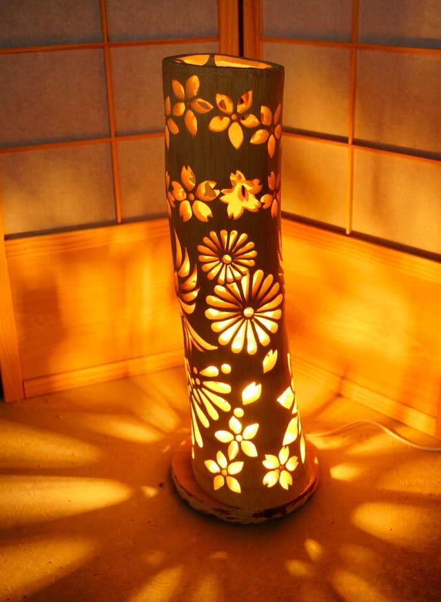 ◇全面彫◇竹灯り・竹あかり・竹灯籠 ～～ 癒しの灯り ☆花鳥光柱