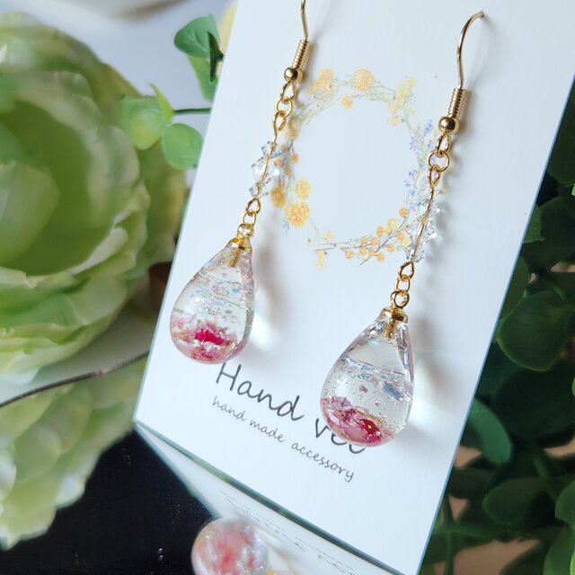 【アレルギー対応】鏡面世界　薔薇入り　ピアス　イヤリング　16kgp