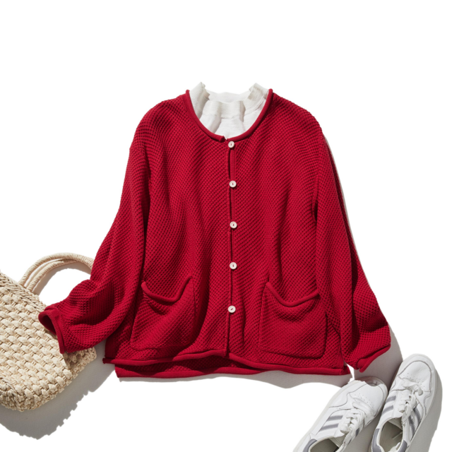ゆるっとシルエットでラフに着られる鹿の子編みカーデ　レッド　250203-2
