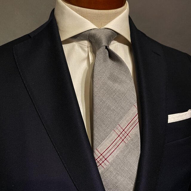 【受注製作】グレー　レッド　チェック　ネクタイ　プレゼント　ギフト【別途】名入れ　メッセージ　イニシャル　刺繍　
