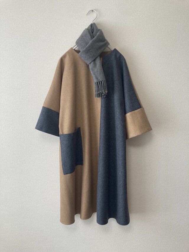 季節を彩るバイカラーワンピース　フラノ素材　