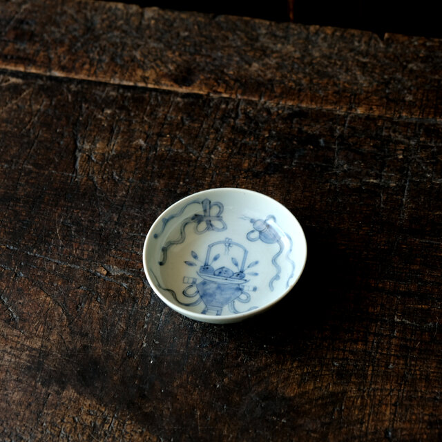 古伊万里　染付　撫子の図　豆皿　江戸期　E093AS-fbkv 古伊万里 染付 撫子図 豆皿 江戸期