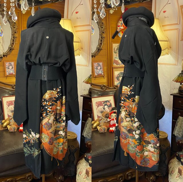 和洋折衷 黒留袖 着物 リメイク ワンピース ドレス 洗える 化繊 古着