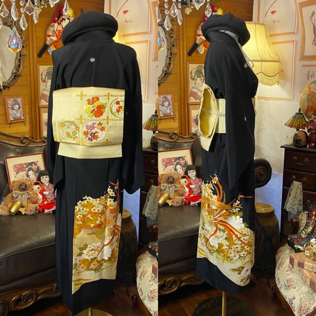 2996 着物　留袖　リメイク　ドレス　ワンピース 着物リメイクワンピース 黒留袖ドレス 作家物 螺鈿 鳳凰 結婚式