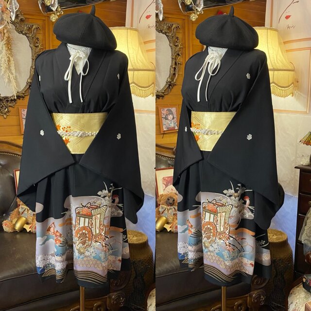 黒留袖 着物 リメイク ミニミディワンピース ドレス 洗える 化繊 二/2