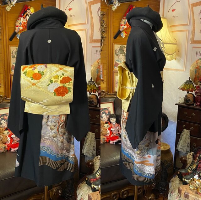 黒留袖 着物 リメイク ミニミディワンピース ドレス 洗える 化繊 二/2