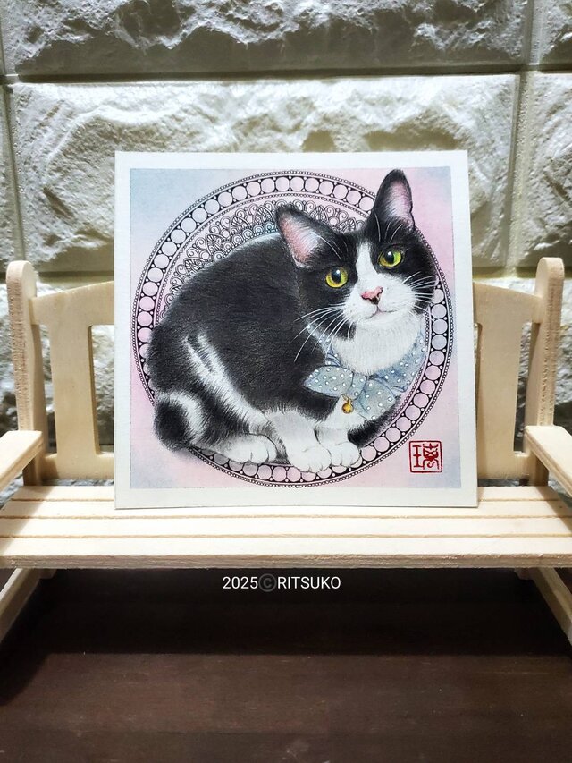 原画 はちわれ 猫の絵 ネコの絵 ねこ 猫 ネコ 額入り 額装付き