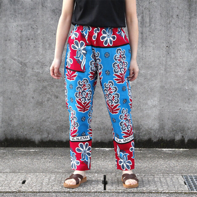 カンガのジョッパーズパンツ（ フラワー ブルー × ルビーレッド ）アフリカ布パンツ カンガパンツ