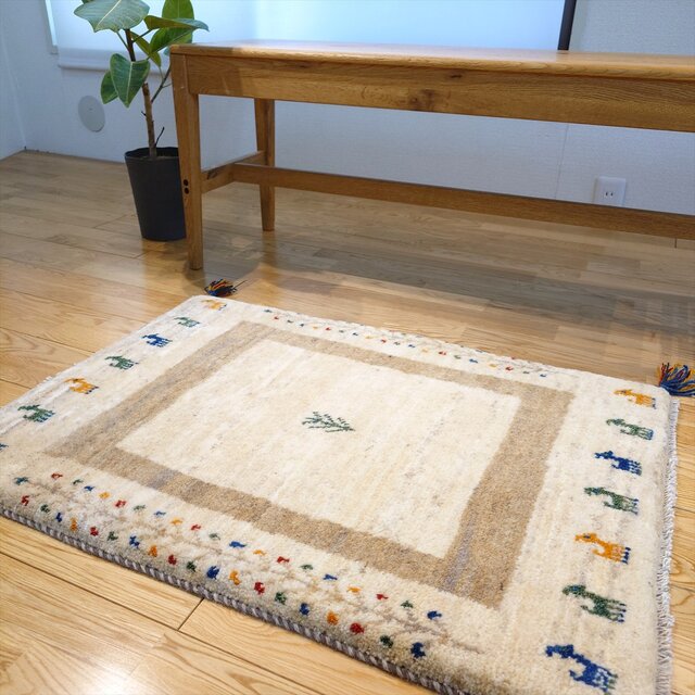 80x55cmペルシャ手織りギャッベ(754)絨毯・じゅうたん・ラグ・マット