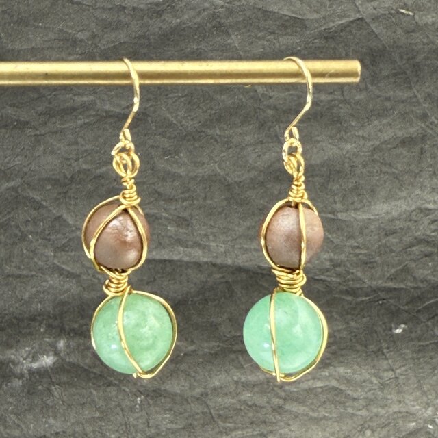 東京備前 備前炭炎焼　ワイヤーワーク瓢ピアス　グリーンアベンチュリン