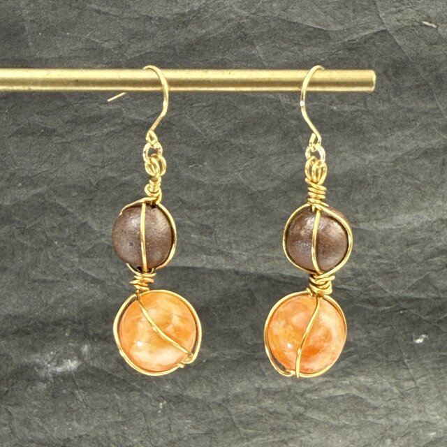 東京備前 備前炭炎焼　ワイヤーワーク瓢ピアス　オレンジカルサイト