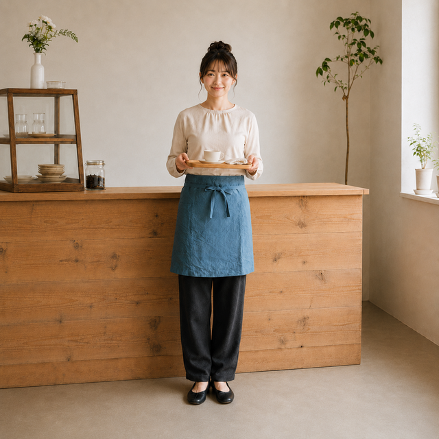肌馴染みの良いふっくらととろむ厚みのカフェエプロン ベルギーリネン