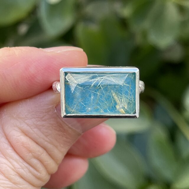 ルチルクォーツ　×　ターコイズ　ダブレット 長方形　立体的なカット　シルバーSV925リング
