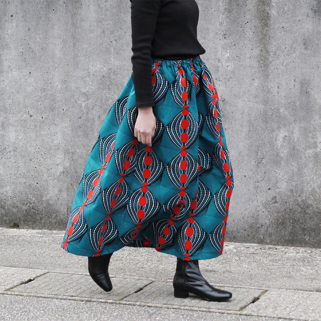 アフリカン　スカート アフリカ布のロングスカート（ピーコックブルー）サイドポケット付き