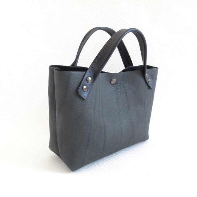 ショート丈♪《牛革》底マチワイド・一枚革のミニトート・ブルーグレー・0618