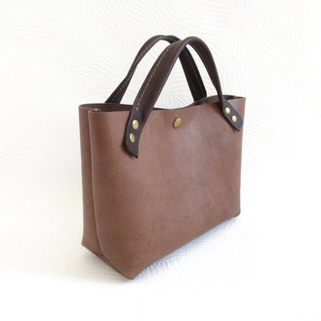 ショート丈♪《牛革》底マチワイド・一枚革のミニトート・カフェオレブラウン・0614