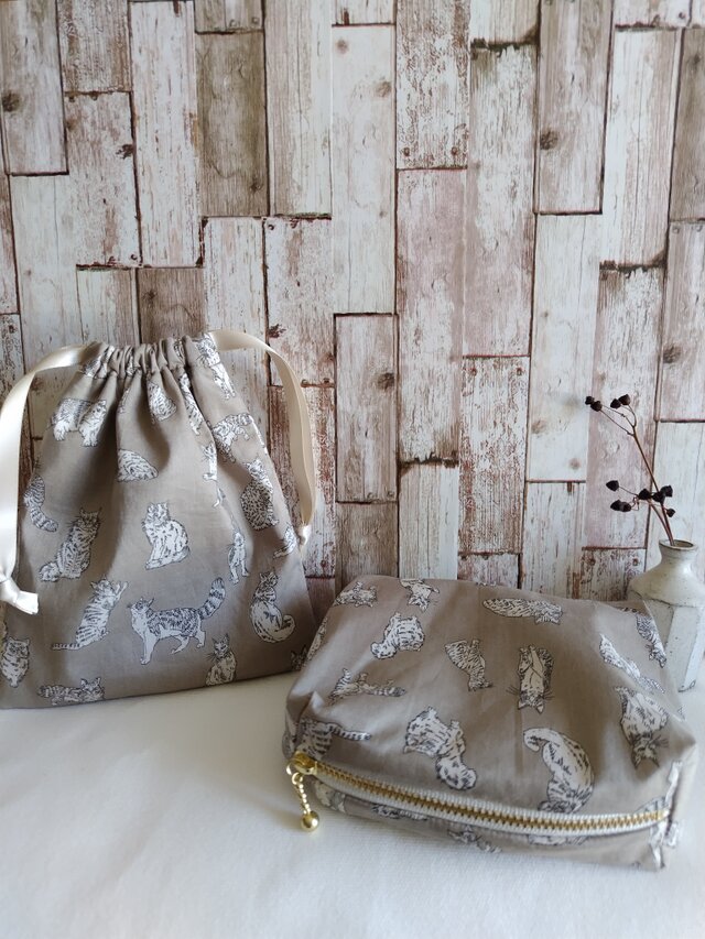 かさばらないリバティポーチ＆巾着＊Meow＊