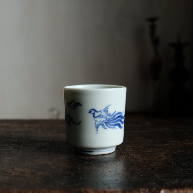 日々の暮らしのお供◆味のある絵付け。瀬戸焼　花鳥文染付湯呑み　骨董・antiques　古道具　明治~大正期 D