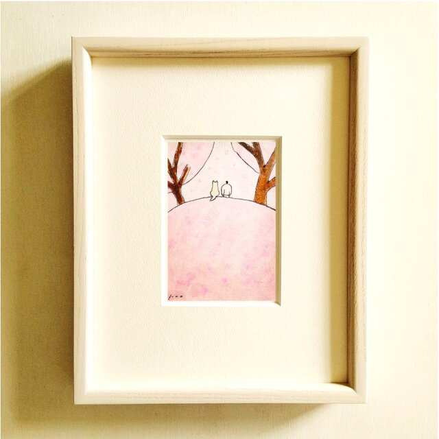 特集掲載＊犬の絵｜原画「桜の木の下で」水彩イラスト　※木製額縁入り