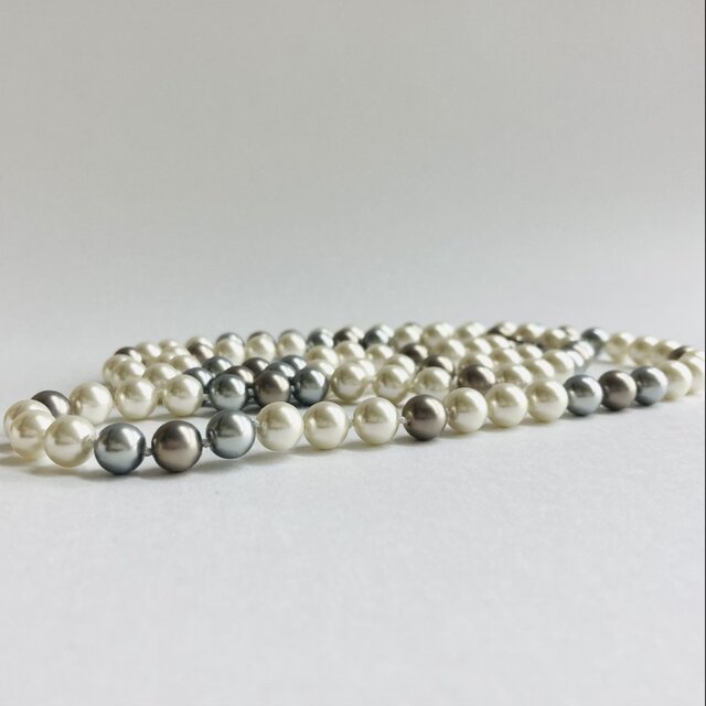 ガラスmixパール2Wayオールノットロングネックレス/8mm約90cm/ホワイトxグレーmix/日本製