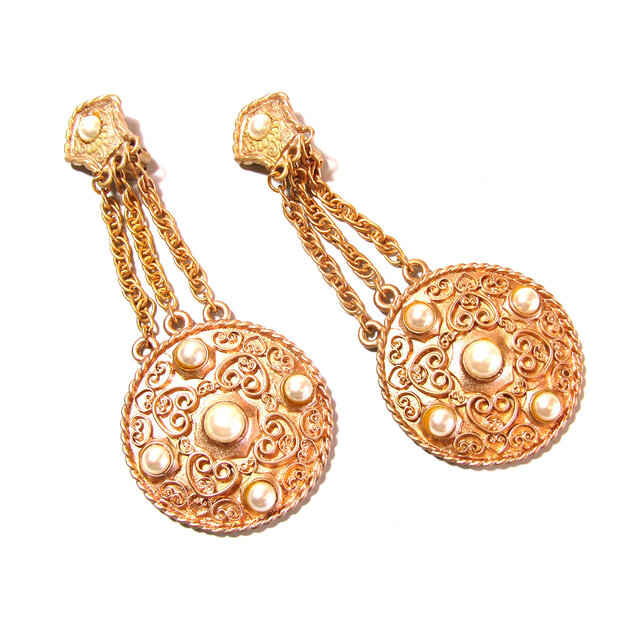 Vintage Gold Tone Oriental Design Big Drop Earring