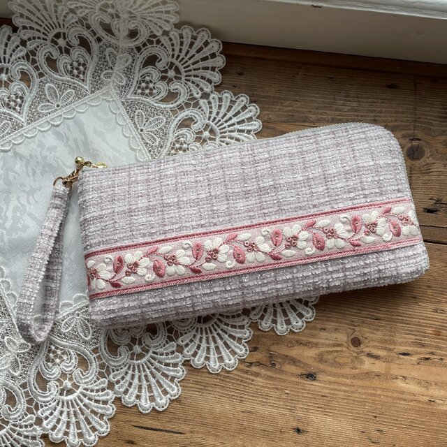 L字長財布・インド刺繍リボン(ピンク系ツイード)