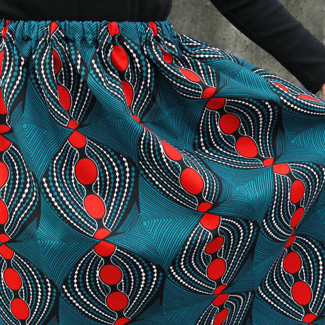 【受注制作】アフリカ布のギャザースカート（ピーコックブルー）アフリカンプリント アフリカンファブリック