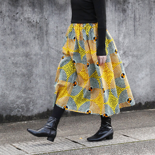 【受注制作】アフリカ布のギャザースカート（ イエローサークル ）アフリカンプリント アフリカンファブリック