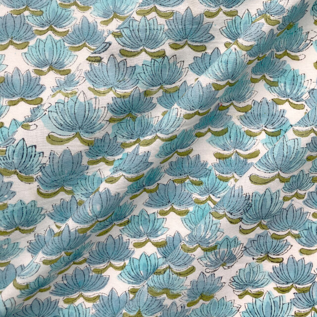 インド ブロックプリント生地 [50cm単位切売] サンガネリ ロータス ブルーB MT 花 フラワー 水蓮 IF0206